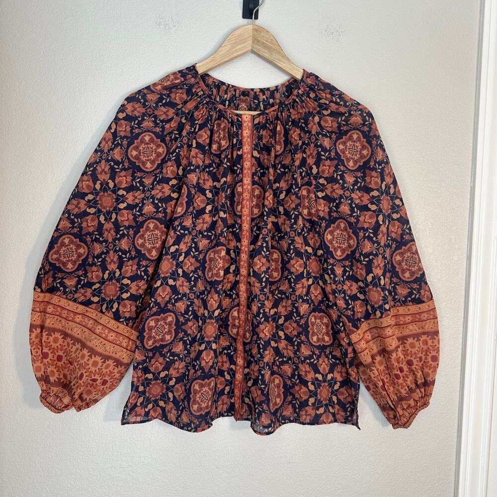 Kobi Halperin Cotton/Silk Balloon Peasant Sleeve Rust Navy Sunflower Blouse, S